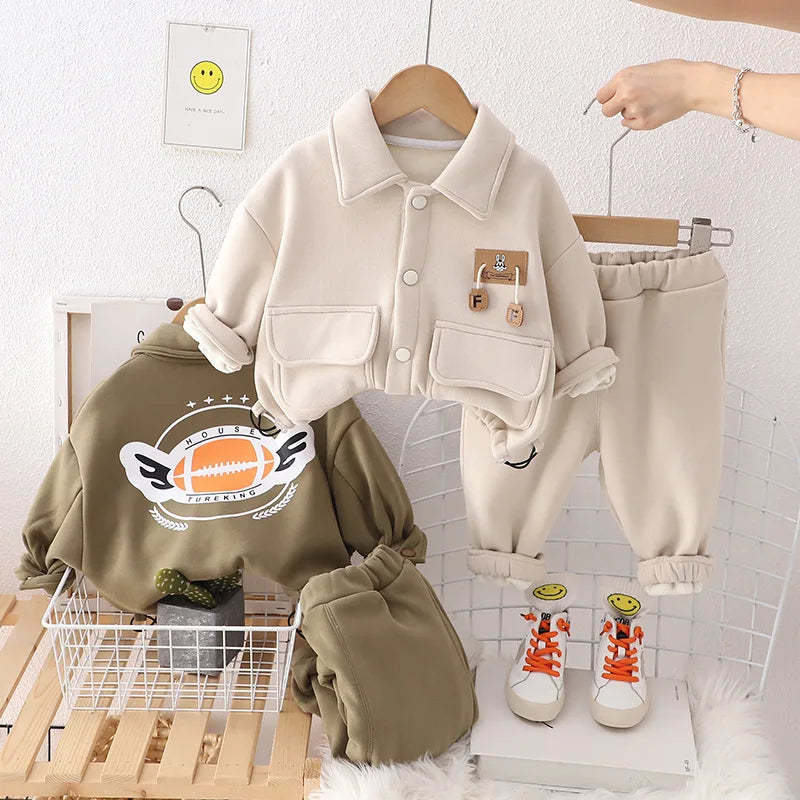 Toddler Outfits Autumn Winther Clothes for Kids Casual Flip Collar Plush Velvet Long Sleeve Coats and Pants Two Piece Boys' Set