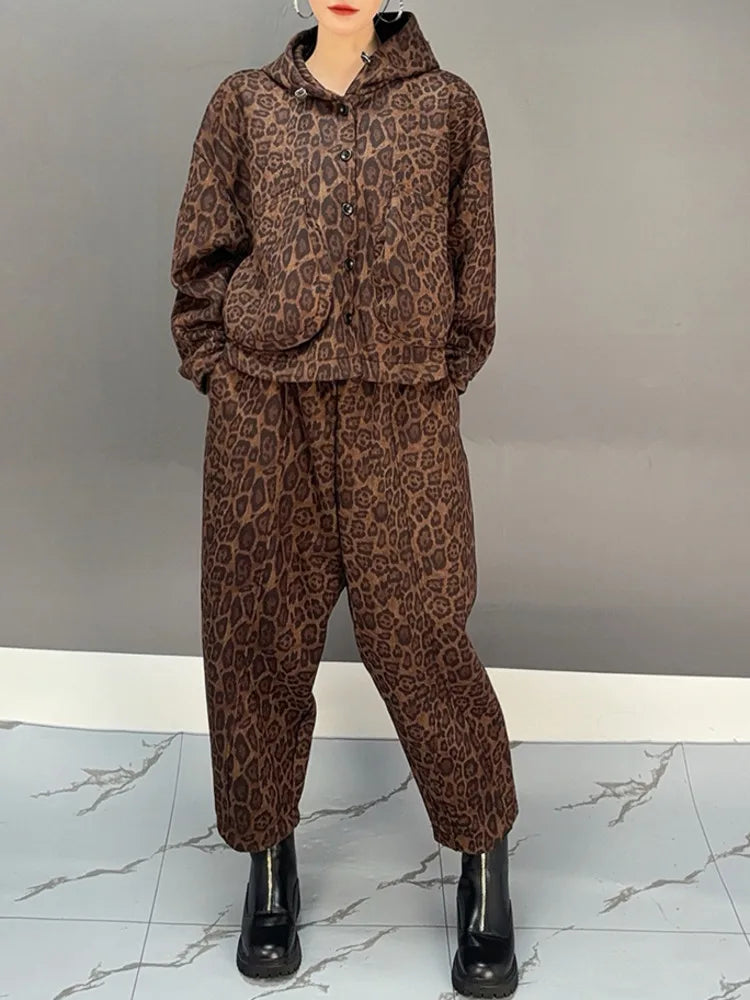 Maxy SHENGPALAE Print Pants Set For Women Single Breasted Hooded Jackets + Harem Trousers Vintage Style New Clothing 5C1760