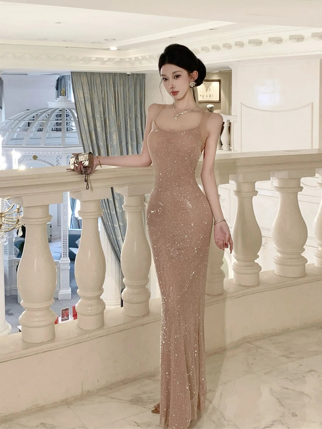 Maxy Long Sparkling Fish Tail Dress with Belt Sexy Back Glittering Drill Tight Fit Gown for Women mid Summer Evening Party