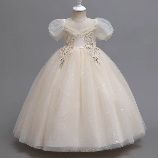 Maxy princess Girl Heavy Industry elegant court style dress skirt Flower child wedding dinner long dress puffed sleeves #C2208
