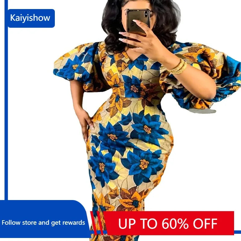 Women Dress Elegant Floral Maxy Printed Short Lantern Sleeve V Neck High Waist Slim African Female Celebrate Party Gowns