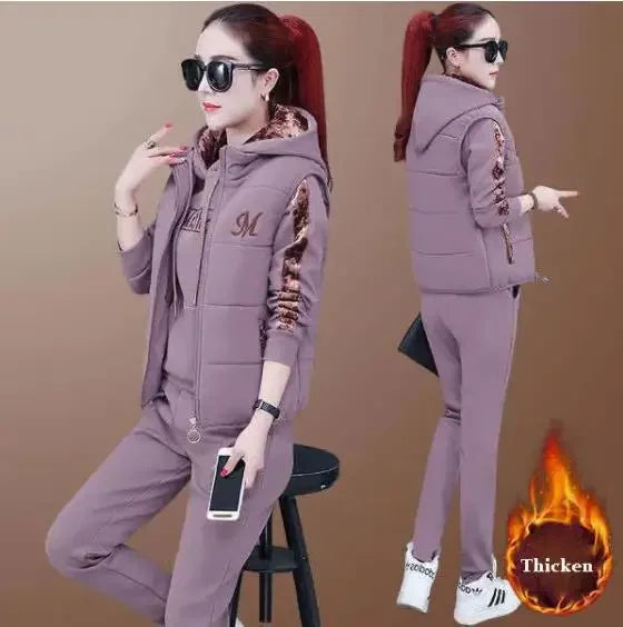 Women 3 Piece Set  Suit Tracksuit Winter Hoodies+Vest+Pants Track Suit Plus Velvet Warm Sporting Suits Female Clothes