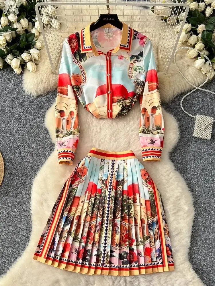 Maxy Elegant Short Dress Floral 2 Piece Sets Women Spring Summer Holiday Shirts A Line Pleated Skirts Suits Two Piece Outfit