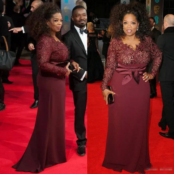 Maxy Plus Size Mother of the Bride Dresses Burgundy Lace Long Sleeves V Neck Sash Red Carpet Formal Wedding Party Gown Madrinha