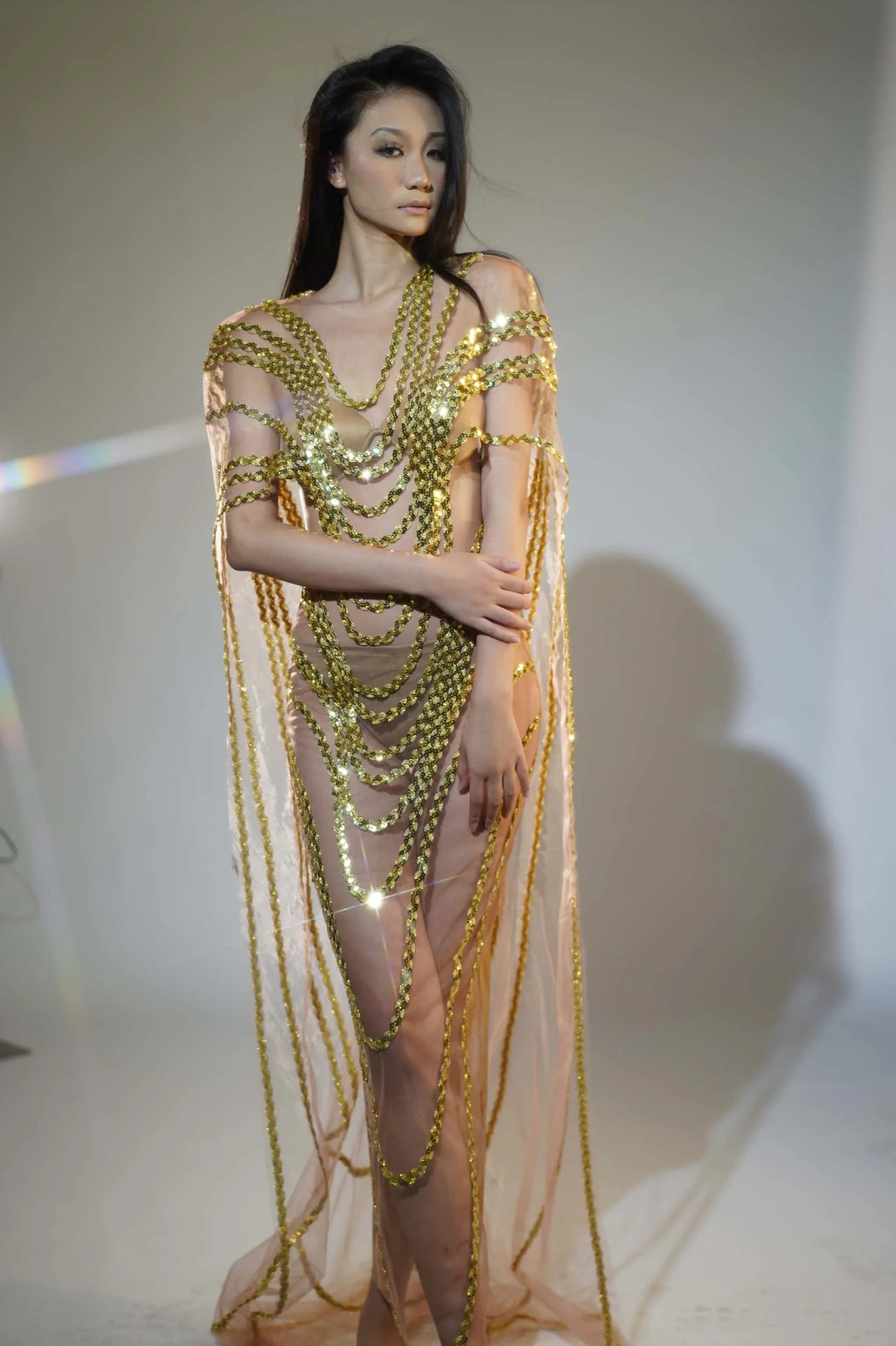Maxy Sparkly Gold Sequins Mesh Celebrate Evening Prom Gown Long Dress Birthday Outfit Singer Stage Wear Show Costume Fengshui