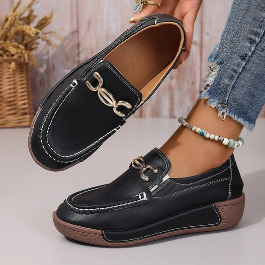 Women's Casual Shoes 2025 Spring and Autumn New Metal Decorative Round Toe Shallow Shoes Fashion Slip-on Thick Sole Loafers 43