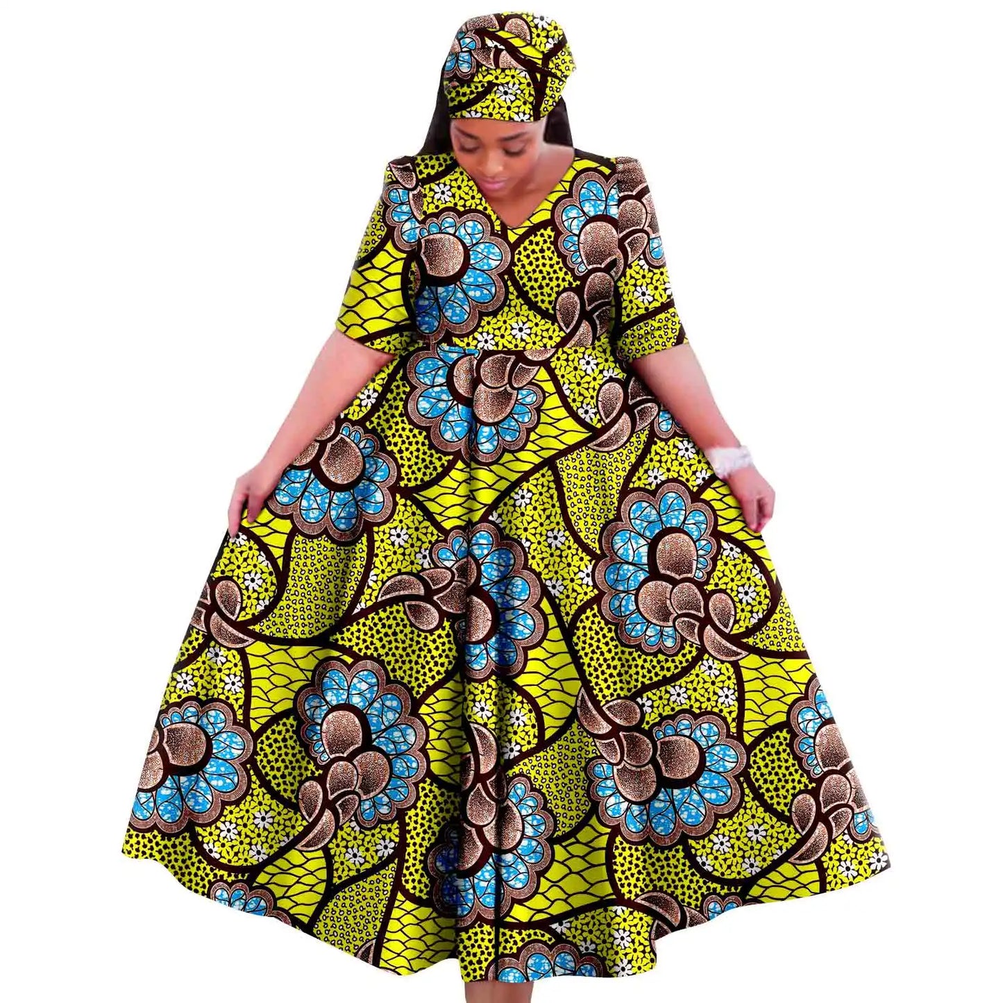 Maxy Church Dresses for Woman Traditional Party Gown V Neck Maxy Dress with Free Turban Wedding Africa Turkey Style 2425083
