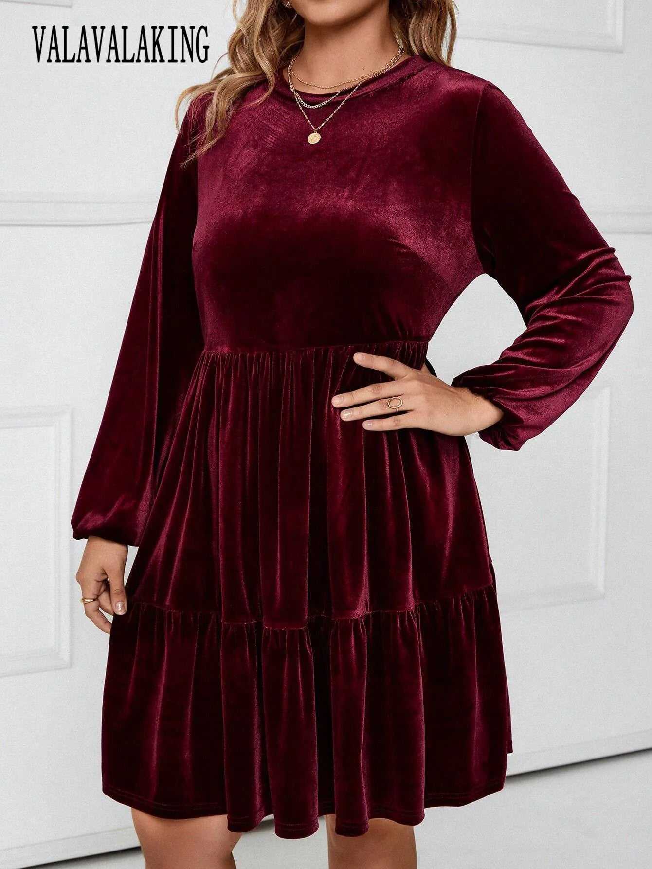 Maxy Winter Wine Red Velvet Plus Size Dress Women O-Neck Long Sleeve Mini Dress Ladies Elegant Pleated Short Evening Party Dress