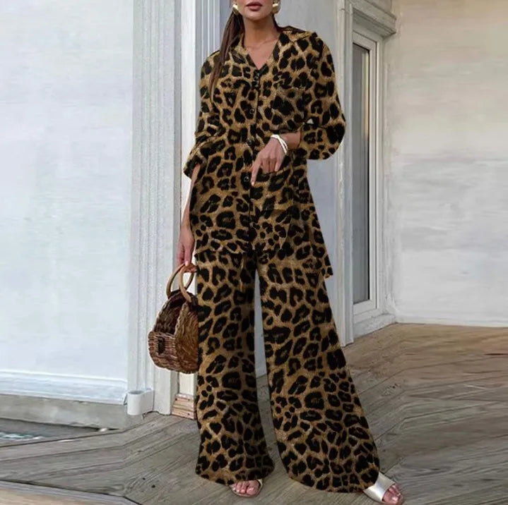 Maxy Autumn Fashion Leopard Print Women's Suit Two-piece Retro Street Print Casual Loose Long-sleeved V-neck Top Wide-leg Pants Suit