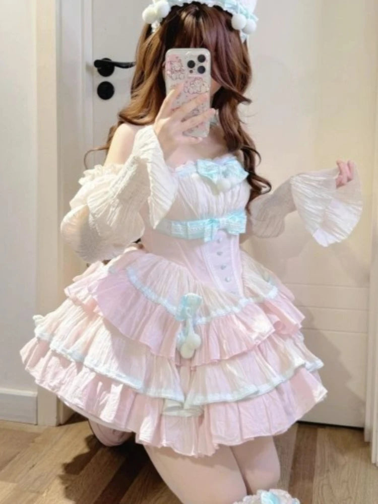 2025 Japanese Sweet Lolita Kawaii Dress Women Spring Printed Bow Fake Two Piece Dress Female Korea Style Design Party Clothing
