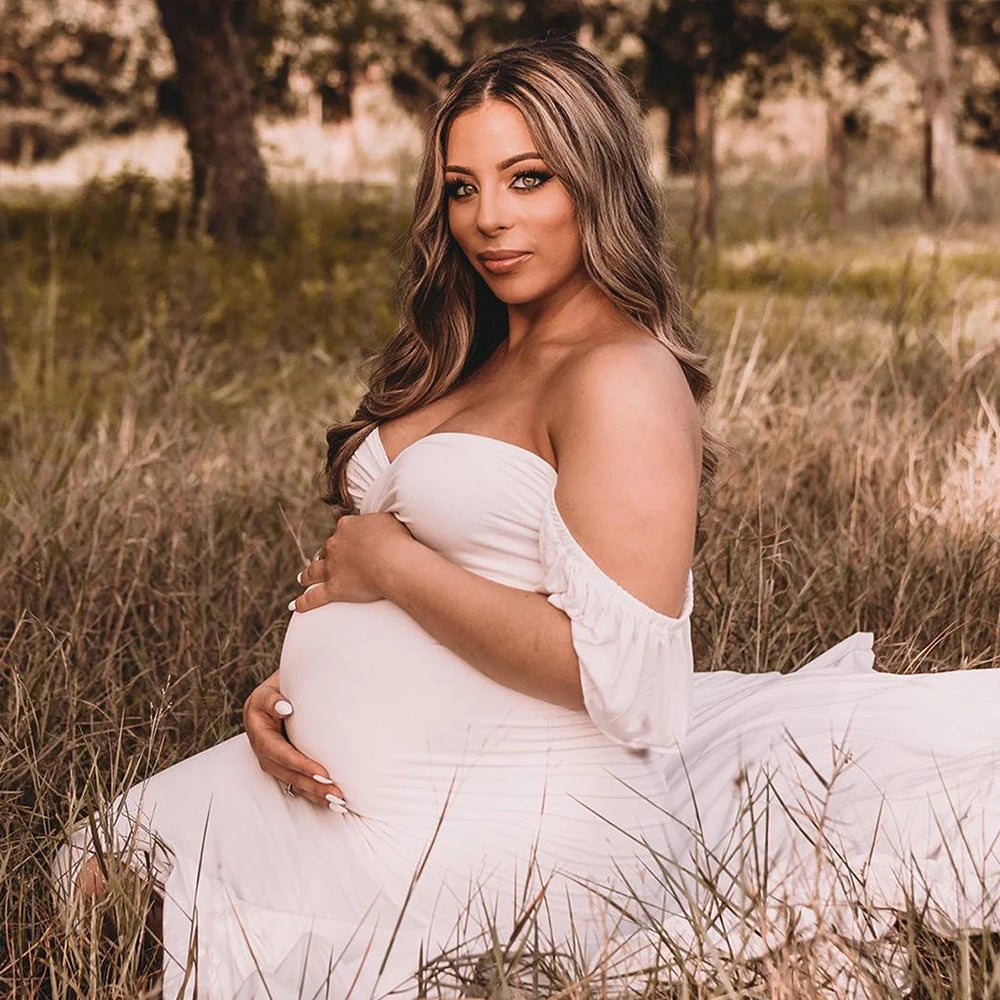 Maxy Maternity Dress Photography Tube Top Ruffle Sleeve Slim Fishtail Bridesmaid Wedding Maxy Gown Pregnant Baby Shower Robe