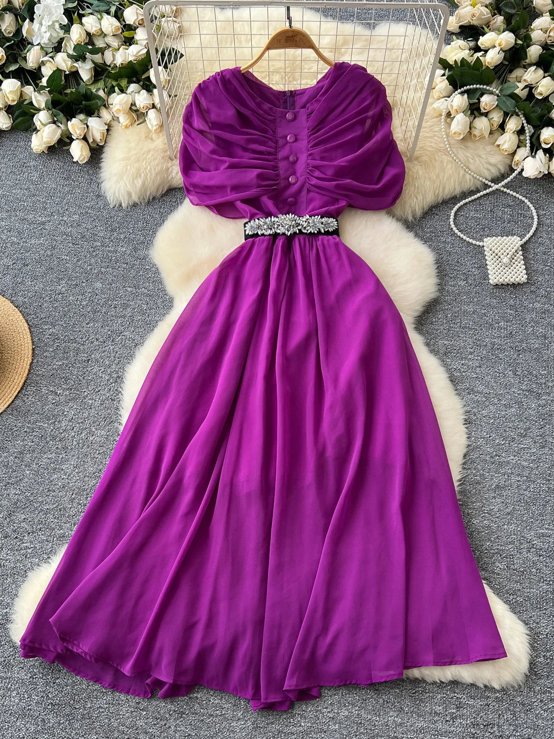 Maxy Spring Summer Women Red/Purple/Green Draped Chiffon Long Dress Vintage Round Neck High Waist A-Line Female Robe New