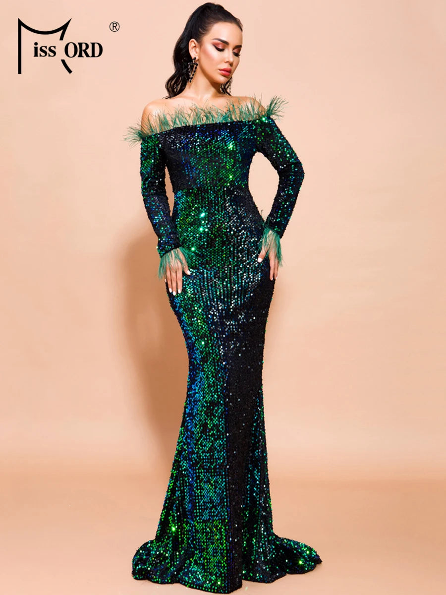 Babs Green Sequin Evening Dresses Elegant Women Off Shoulder Feather Long Sleeves Bodycon Maxy Mermaid Party Prom Dress Gown