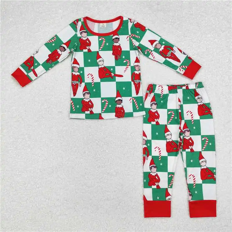 Maxy Winter Fashion Match Children Christmas Cane Green and White Plaid Long Sleeve Long Pants Pajama Set Wholesale Pajamas Romper