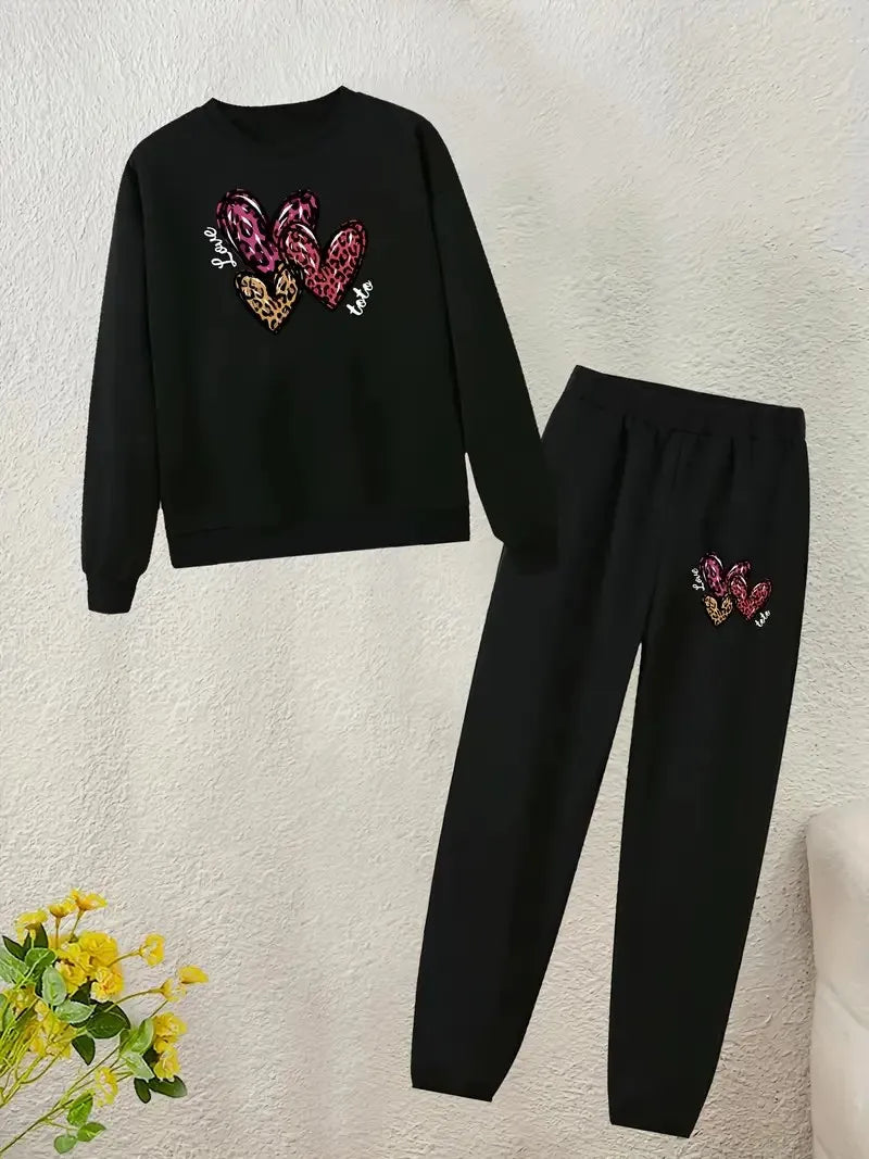 Maxy Women's casual heart-print pullover and sweatpants set - women's comfortable 2-piece set, perfect for fall and winter