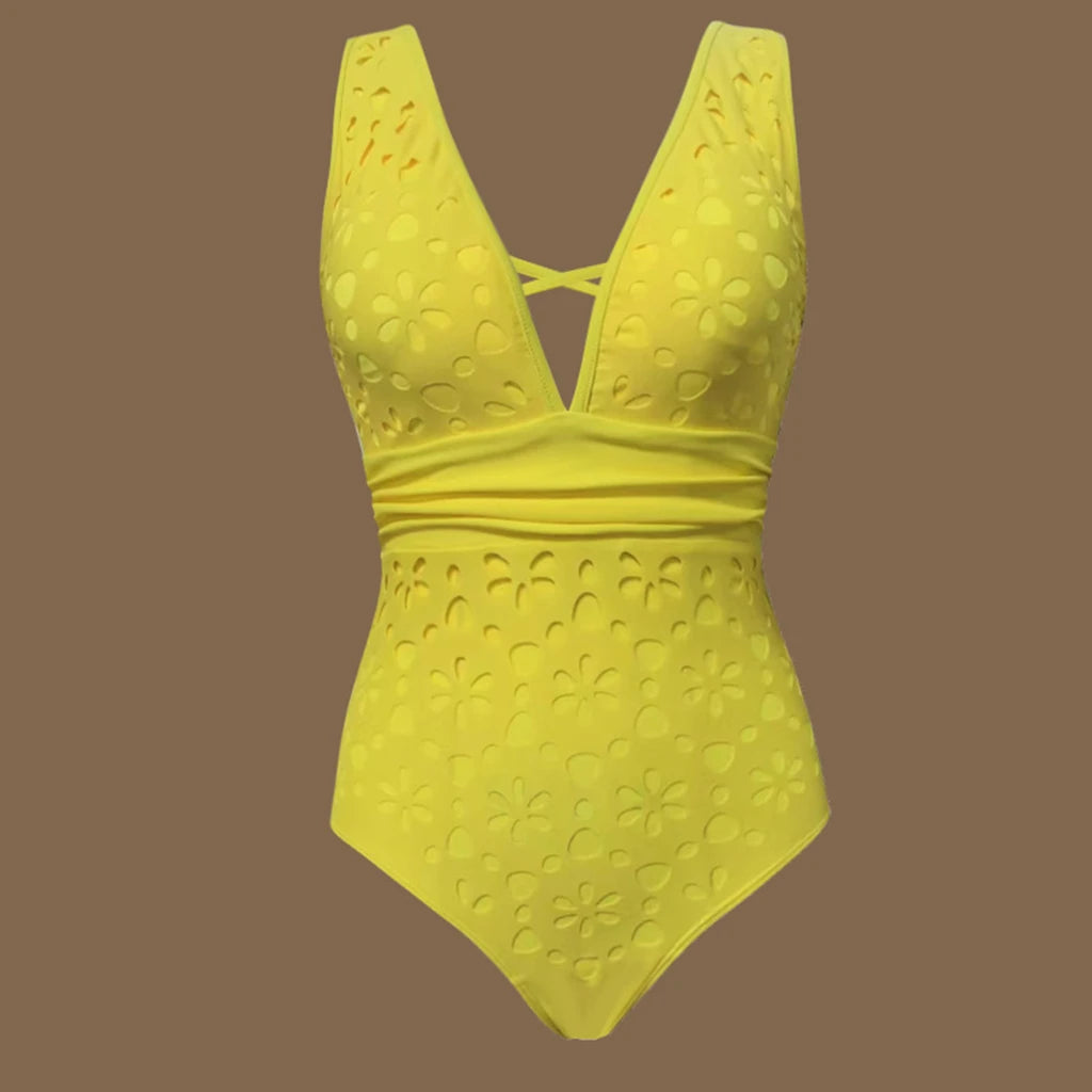 Maxy Yellow Bikini Women Solid Cover Up Two-Piece Swimsuit Deep V Neck Bathing Suit Hollow Out Monokini Long Skirt Swimwear