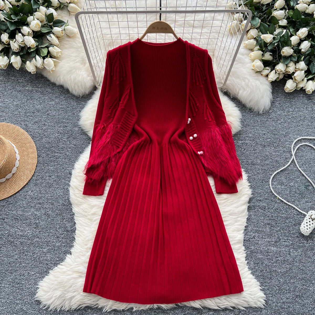 Maxy Chic Women Two-Piece Sets Basics O-neck Long Sleeve Knit Dress Slim Open Stitch Pearl Button Vest Elegant Evening Party Clothing