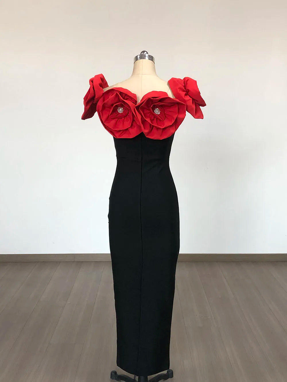 Maxy Women Elegant Red Flowers Off Shoulder Slim Ankle Length Elastic Bandage Dress Formal Occasion Celebrity Evening Party Gowns