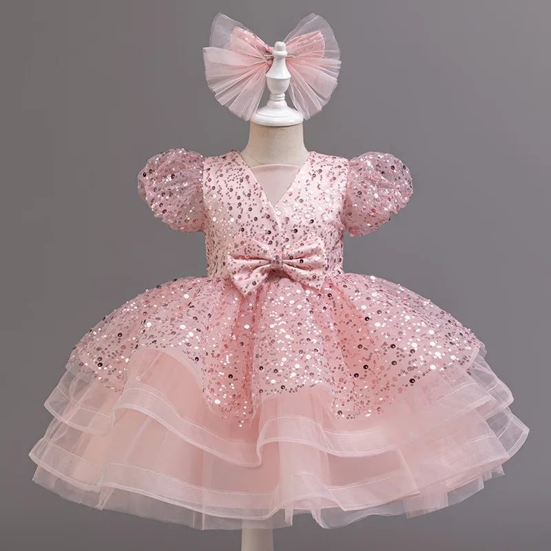 Maxy Luxury Western Girl Sequenant Dress Bubble Sleeve Vedic Princess Skirt 2-10 Birthday Party Evening Dress Summer Girl's clothes
