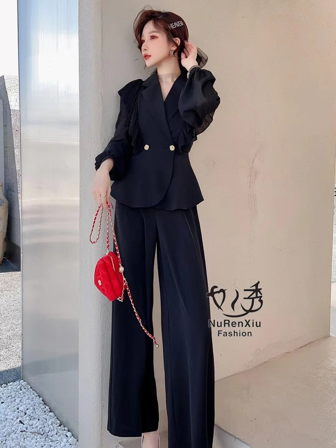 Temperament Suit Women Outfits 2023 Spring New Chiffon Ruffled Stitching Suit Coat High Waist Loose Wide Leg Pants Two-Piece Set