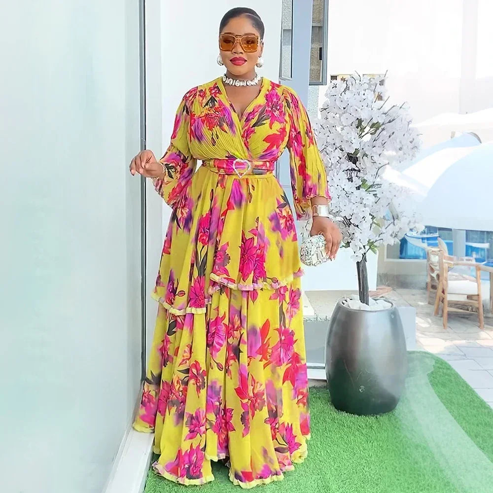 Maxy Elegant Dresses for Women New Summer Fashion Print Robe Plus Size Muslim Wedding Evening Party Long Dress