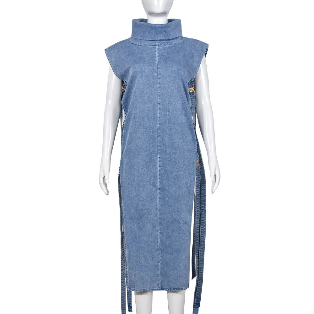 Maxy Vintage Fashion Women's Hollow Out Bandage Design Denim Dress Autumn Stand Collar Sleeveless Dresses Female 1LS029