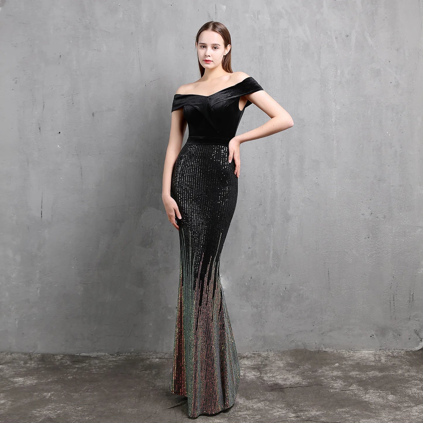 Maxy Evening Dresses Vervet Sequins Stretchy off the shoulder Zipper Back Mermaid Trumpet Floor Length Women Party Formal Gowns YE093