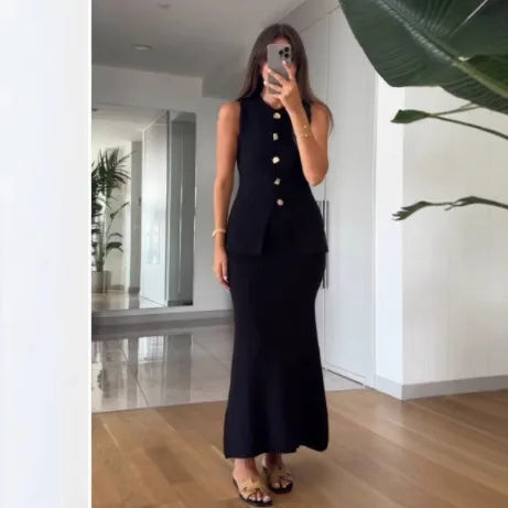 Maxy Skirt Set Women Two Piece Sets Round Neck Sleeveless Dress Sets Slim Fit Matching Sets Tops Mid Length Skirts Y2k Elegant