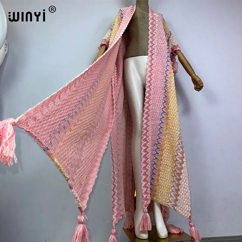 WINYI woman Winter tassel Knitted cardigan print coat Loose Christmas Africa Fashion hipster party dress Thick Warm Female cloke