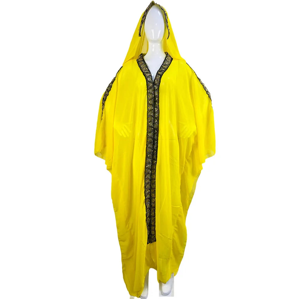 Maxy Morocco Kaftan Dubai Hooded Maxi Dress Bat Sleeve Farasha Kaftan Muslim Women African Open Kimono Boubou Evening Long Gown