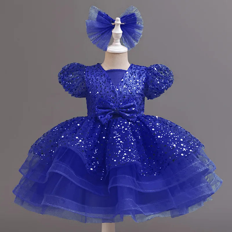 Maxy Luxury Western Girl Sequenant Dress Bubble Sleeve Vedic Princess Skirt 2-10 Birthday Party Evening Dress Summer Girl's clothes