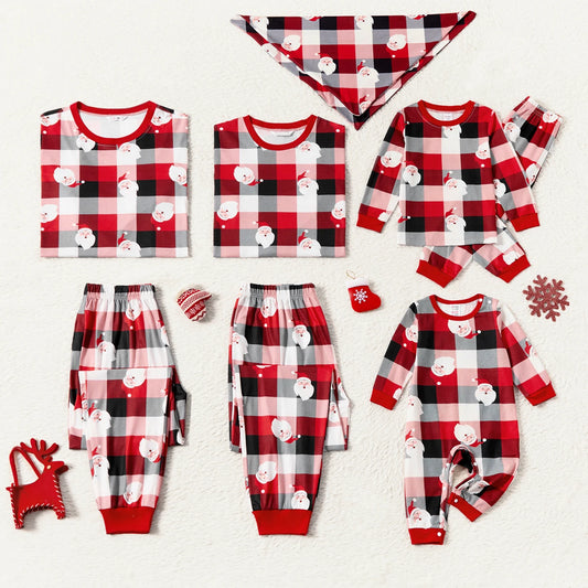 PatPat Christmas Family Matching Allover Santa Print Red Plaid Long-sleeve Pajamas Sets (Flame Resistant)