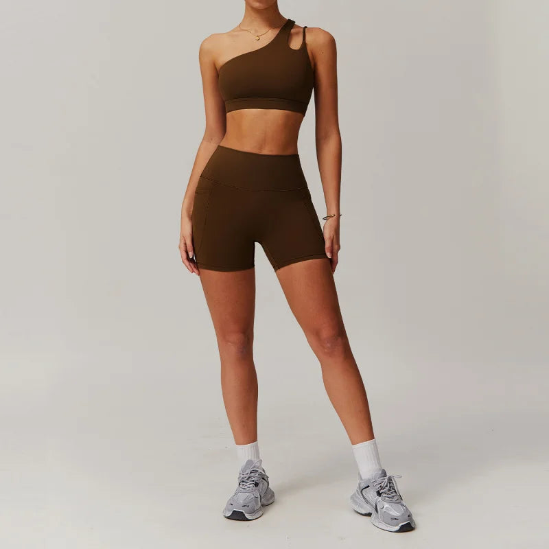 Maxy Sportswear Yoga Set Quick-Dry Tight Suit With Pocket Sports Women Tracksuits Asymmetric Shoulder Running Gym Leggings