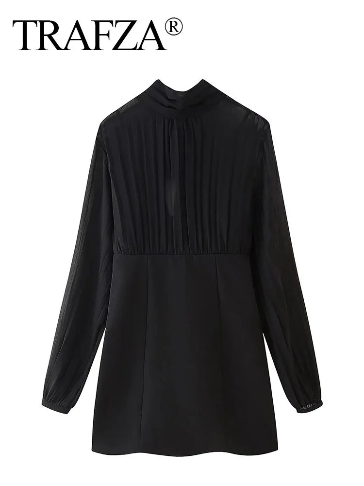 TRAFZA Woman Summer Bow Black Slim Elegant Short Party Shirt Dress Women New Fashion Long Sleeves Pleated Mini Dress Mujer