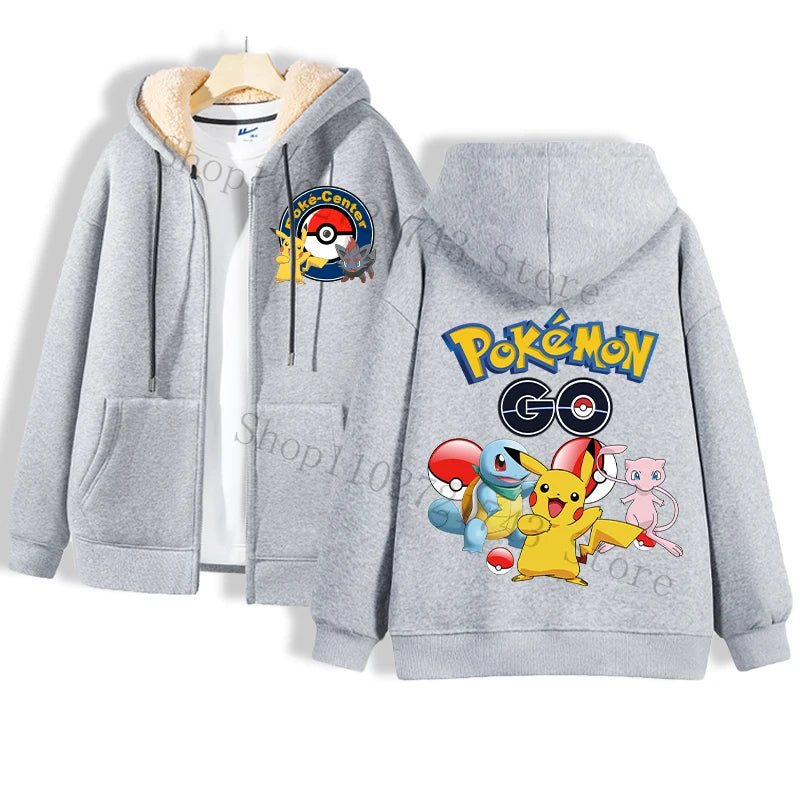 Maxy Pokémon Lamb Wool Coat for Men Women Pikachu Anime Cartoon Fashion Zipper Hooded Jacket Boys Girls Winter Warm Hip Hop Coats