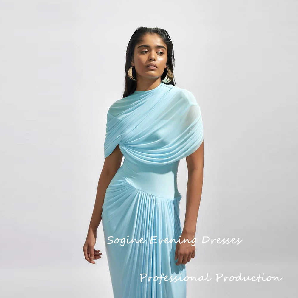 Maxy Sky Blue Evening Dresses Customized Chiffon Sheath/Column Prom Dress High Collar Pleat Cap Sleeve Valentine's Day Long Gown