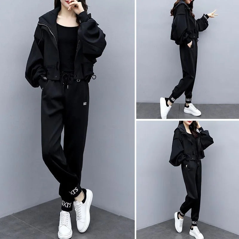 Maxy Spring Autumn Harem Pants Casual Two-piece Sets Women Hooded Patchwork Colour Short Top Suits Female Loose Thin 2-piece Sets