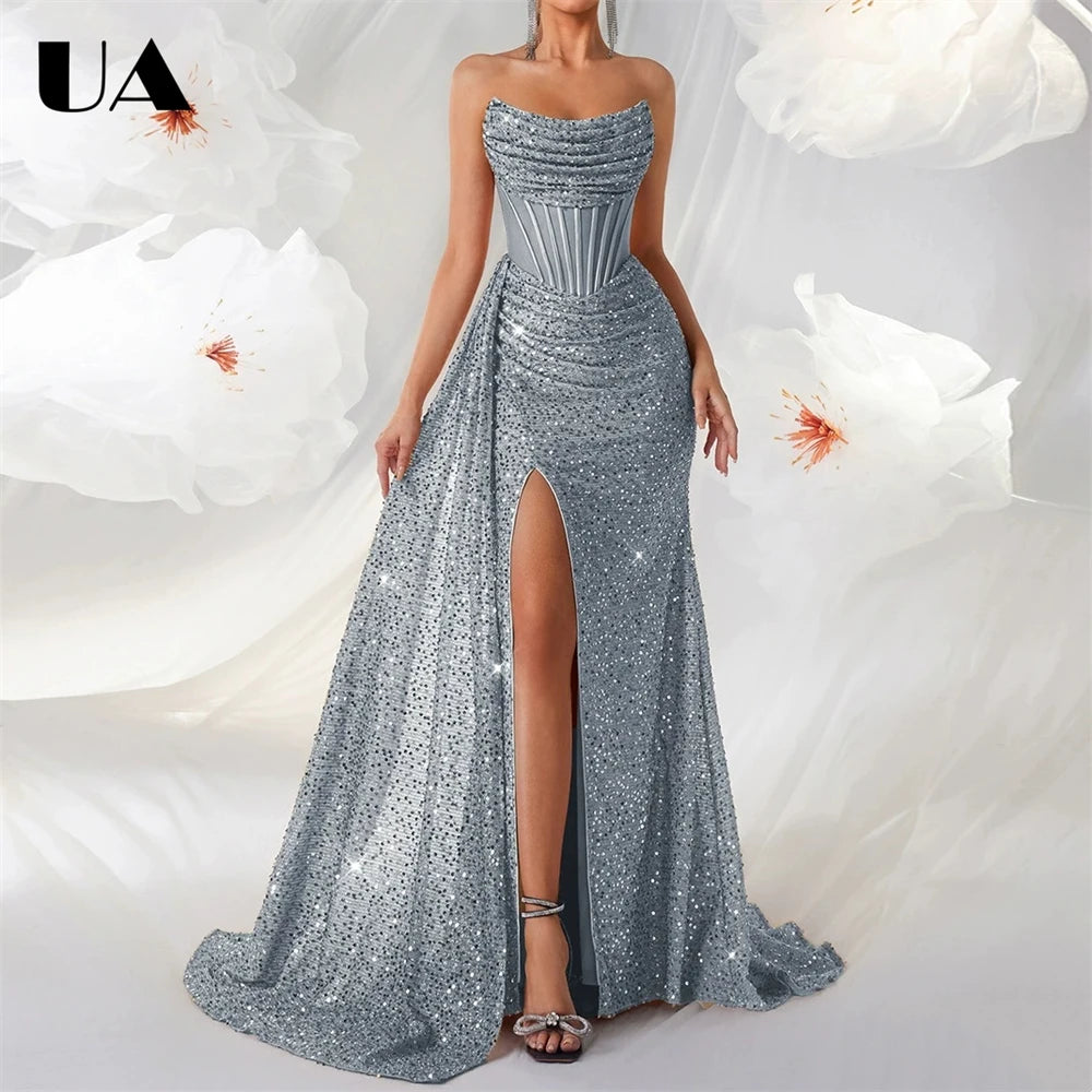 Maxy Women's Sequin Strapless Prom Dress Ruched Bodice High Slit Mermaid Gown Formal Evening Wedding Guest Ball Gown Sparkly Party