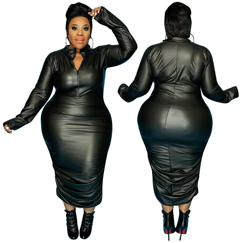 Maxy Leather Plus Size 5XL Dresses for Women Zip Up Full Sleeve Stretch Offie Lady Elegant Black Dress