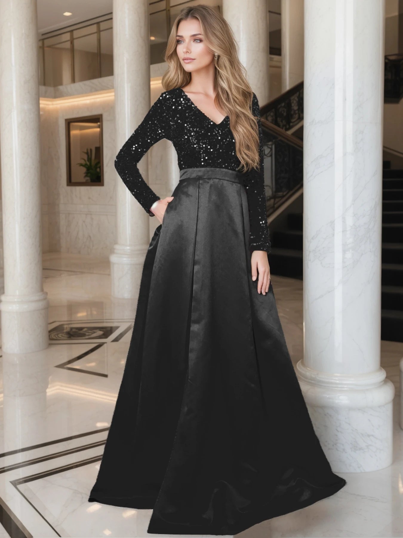 Maxy Romanic Women V Neck Sequin Satin Long Sleeves Evening Party Dress Graduation Prom Gown Floor Length Slit With Pocket Dresses