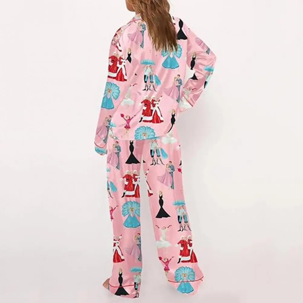 Women Long Sleeve Pajama Set Women Lapel Notch Collar Pajamas Colorful Christmas Pajamas Set with Satin for Women for Holidays