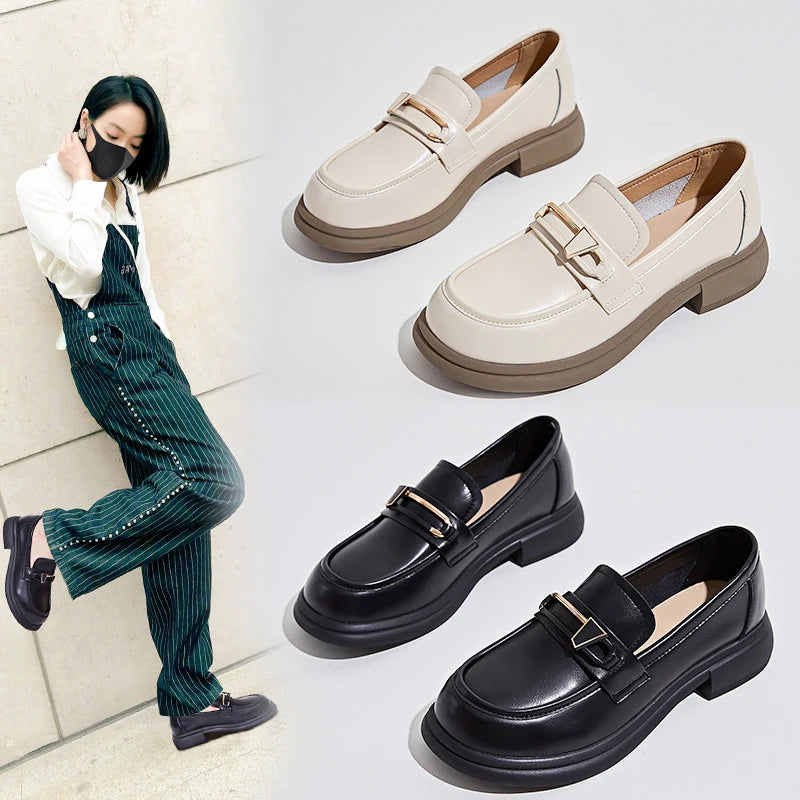 Maxy Spring Autumn Women's Shoes Female Genuine Leather Slip-on Loafers Ladies Office Work Thick Sole Shoe Ladies Casual Penny Loafer