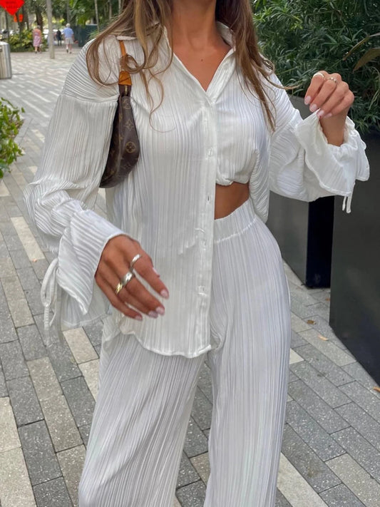 Maxy Women Pleated Pants Suits Set Casual Chic Solid Color Long Sleeve Oversized and Wide Leg Pants Trousers 2023 Elegant Tracksuit