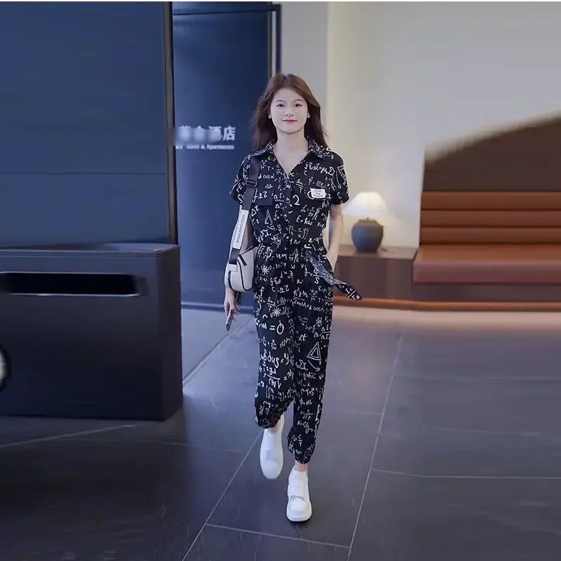 Maxy Women's Pants Two Piece Set Ladies Trouser Floral Summer Promotion Korea Stylish with Sleeve New Matching Clothes D