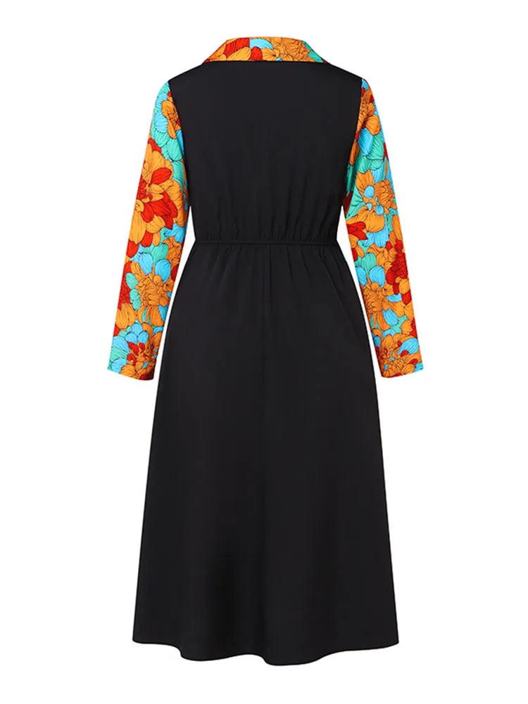 Maxy Plus Size Women Floral Printing Dresses Bohemian Turn Dwon Collar Maxy Long Sundress Elegant Holiday Robe
