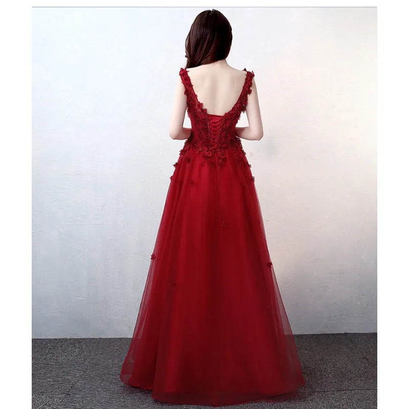 Maxy New Women's Sexy V-neck Embroidered Bridal Wine Red Toast Evening Dress Fashionable Slimming Banquet Slimming Long Dress