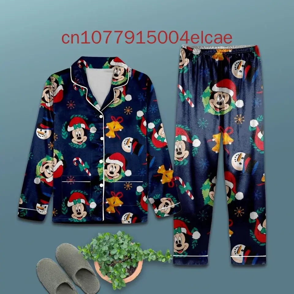 Max New Christmas Mickey Mouse Pajama Set 3D Printed Disney Casual Men's and Women's Long Sleeved Shirt Pajama Set