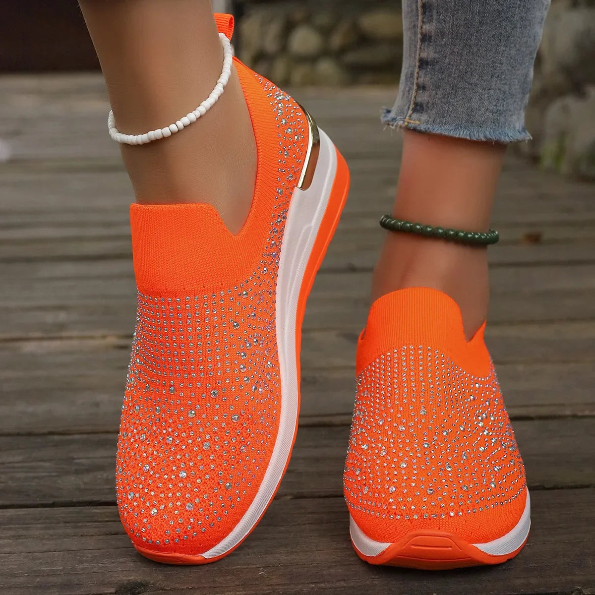 Visco Orange Rhinestone Casual Sneakers Breathable Wedge Women Lightweight Shoes Slip On New Comfortable Spring Mesh Sports Shoes