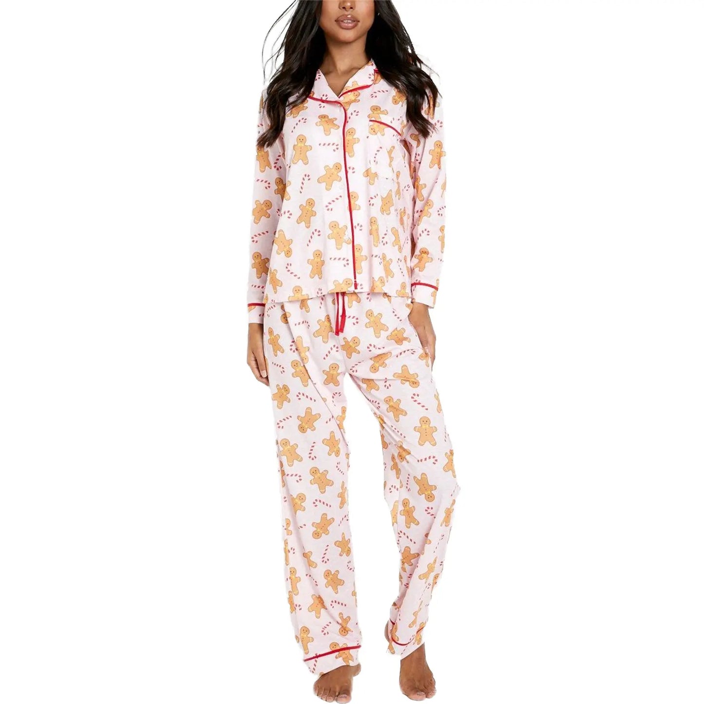 Womens Christmas Print Pajamas Set Long Sleeve Turn-down Collar Tops and Pants Loungewear Set