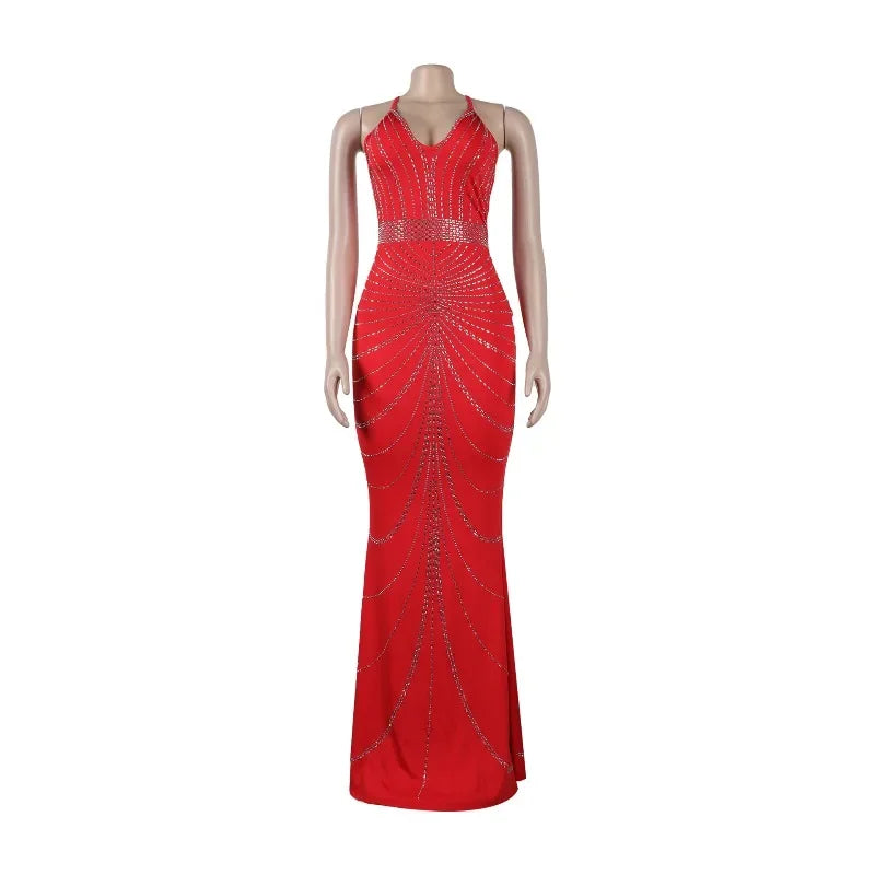Maxy Women's Diamond Rhinestone Sleeveless V-neck Mermaid Maxi Dress Sexy Club Party Evening Gown Trumpet Style